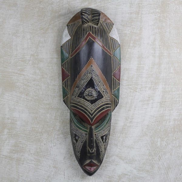 Alternate image for Sese Wood and Aluminum Wall Mask Hand Carved in Ghana Obra