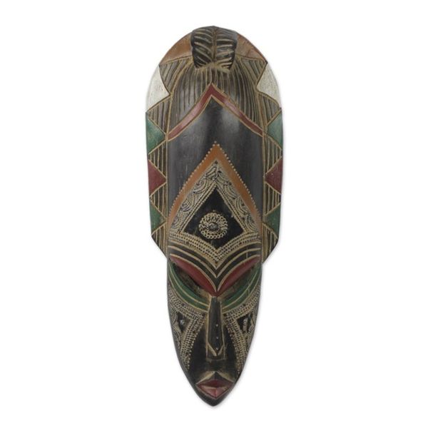 Alternate image for Sese Wood and Aluminum Wall Mask Hand Carved in Ghana Obra