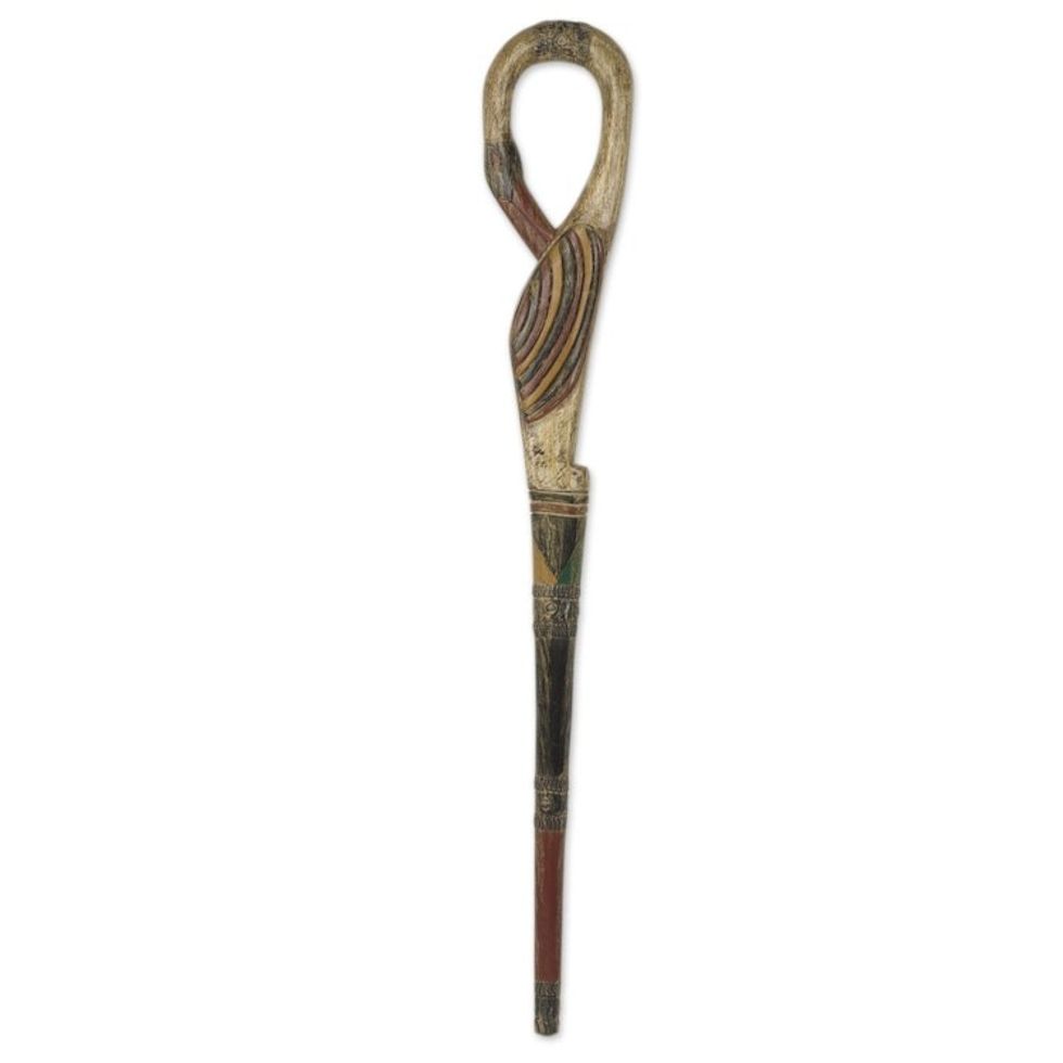 African Adinkra Theme Hand Carved Walking Stick 'Look Back'