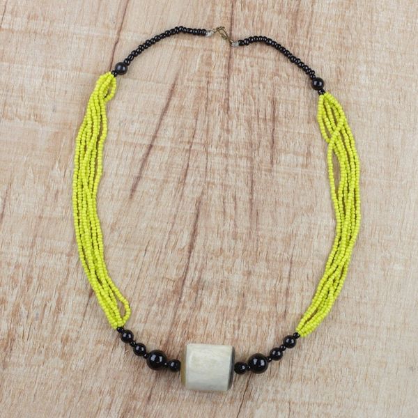 Alternate image for Yellow and Black Beaded Glass Horn Pendant Necklace Graceful Sunshine