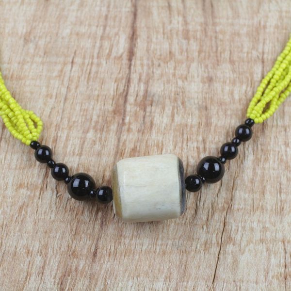 Alternate image for Yellow and Black Beaded Glass Horn Pendant Necklace Graceful Sunshine