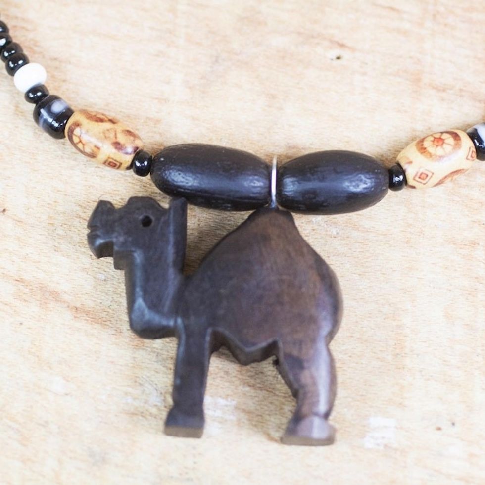 Ebony Wood and Recycled Glass Camel Necklace from Ghana 'Gazing Camel'