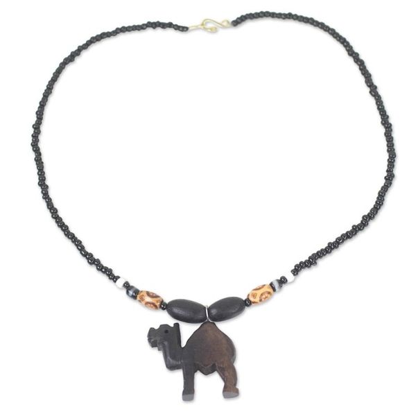 Alternate image for Ebony Wood and Recycled Glass Camel Necklace from Ghana Gazing Camel