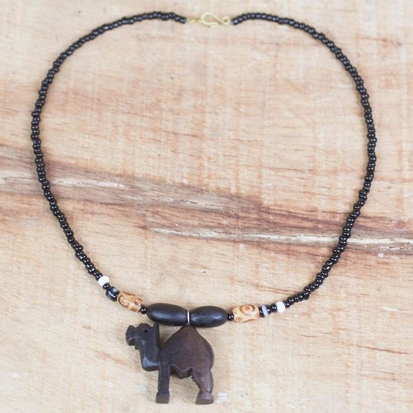 Alternate image for Ebony Wood and Recycled Glass Camel Necklace from Ghana Gazing Camel