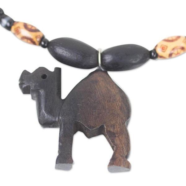 Alternate image for Ebony Wood and Recycled Glass Camel Necklace from Ghana Gazing Camel