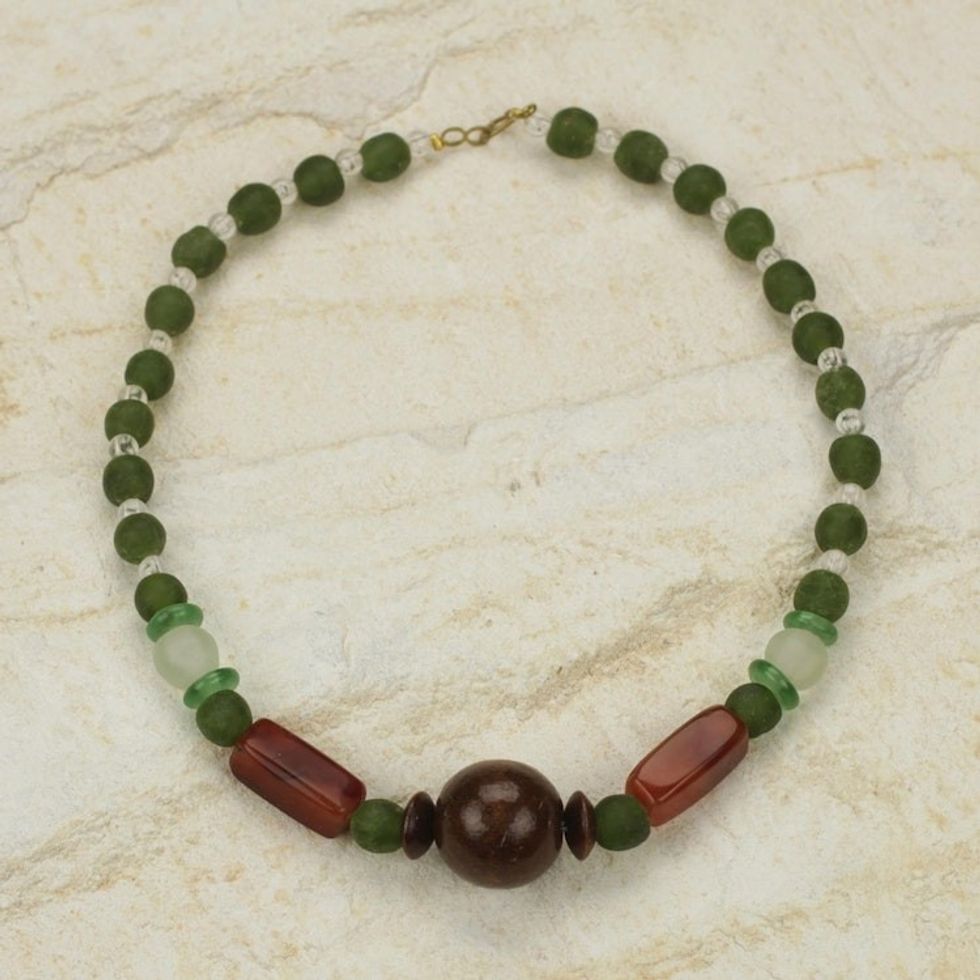 Eco Friendly Handcrafted Recycled Bead Necklace with Agate 'With Gladness'