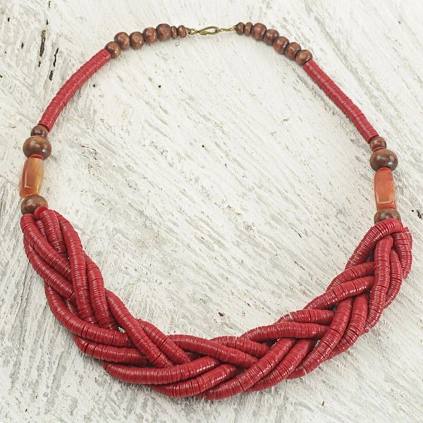 Alternate image for Handcrafted Red Braided Bead Necklace with Wood and Agate Sosongo in Red