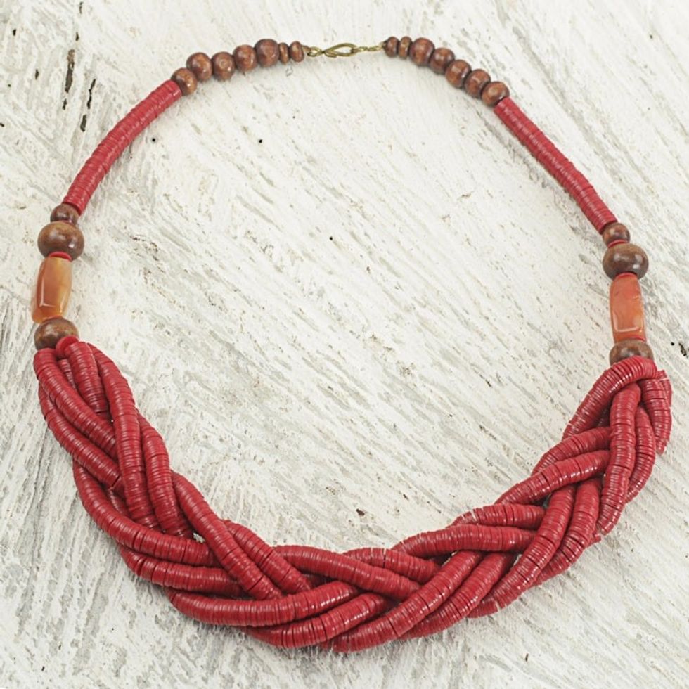 Handcrafted Red Braided Bead Necklace with Wood and Agate 'Sosongo in Red'