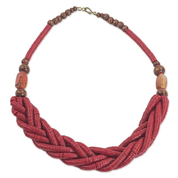 Alternate image for Handcrafted Red Braided Bead Necklace with Wood and Agate Sosongo in Red