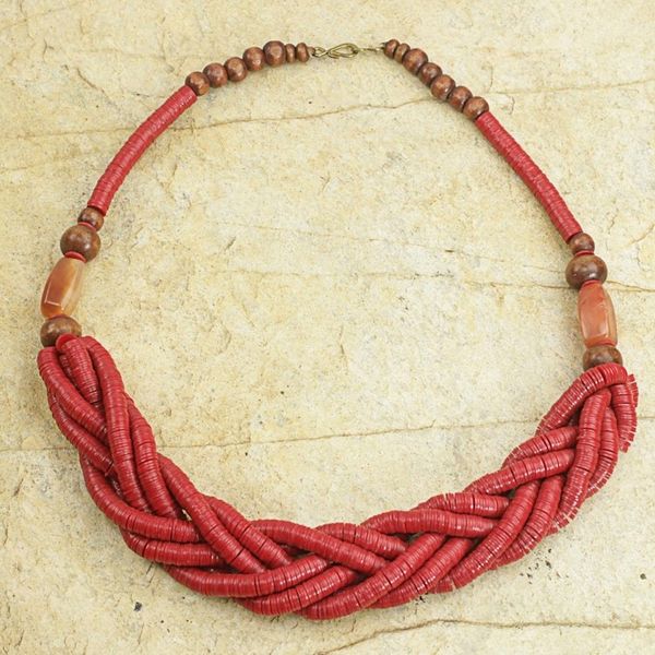 Alternate image for Handcrafted Red Braided Bead Necklace with Wood and Agate Sosongo in Red