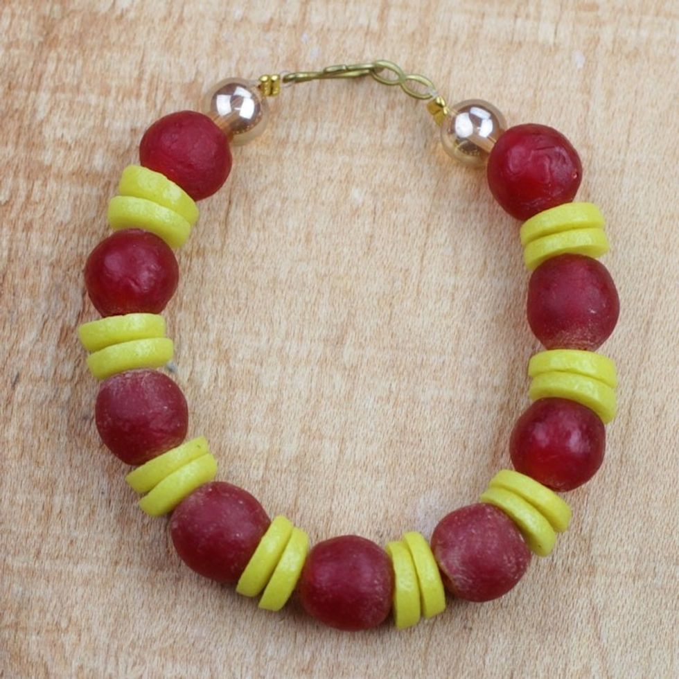 Red and Yellow Striped Recycled Glass Beaded Bracelet 'Frosty Berries'
