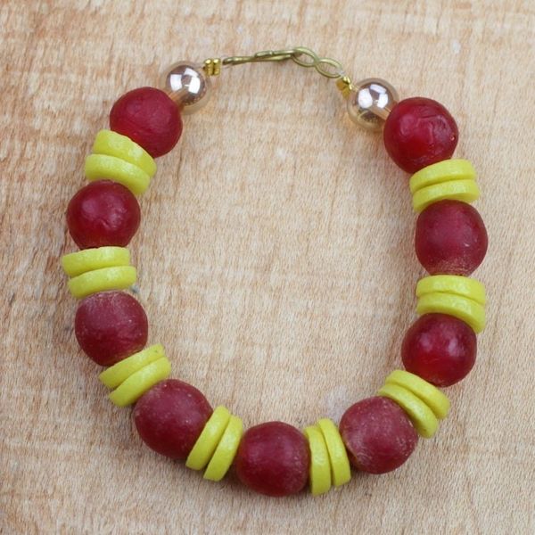 Alternate image for Red and Yellow Striped Recycled Glass Beaded Bracelet Frosty Berries