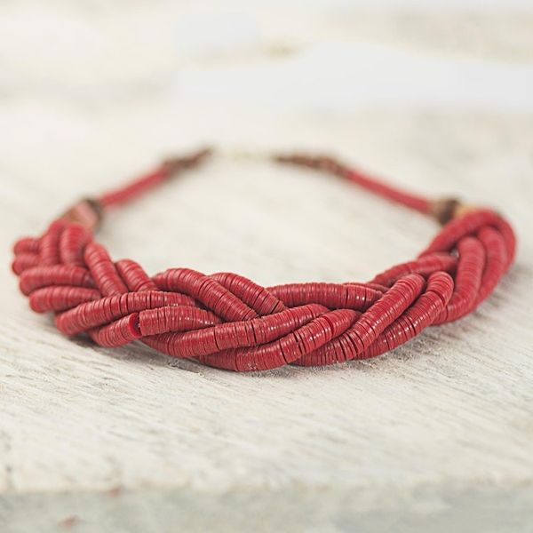 Alternate image for Handcrafted Red Braided Bead Necklace with Wood and Agate Sosongo in Red