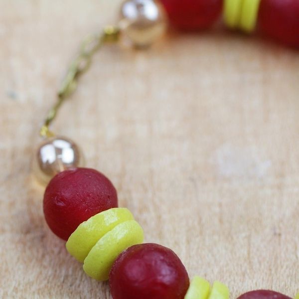 Alternate image for Red and Yellow Striped Recycled Glass Beaded Bracelet Frosty Berries