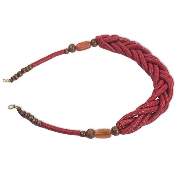 Alternate image for Handcrafted Red Braided Bead Necklace with Wood and Agate Sosongo in Red