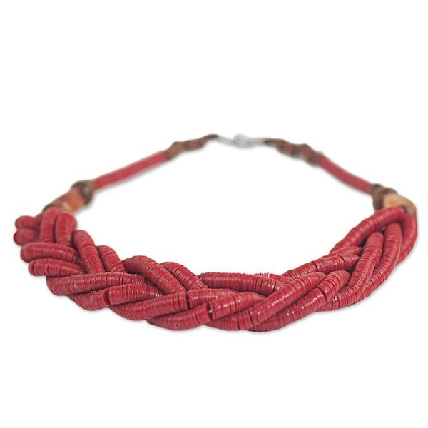 Alternate image for Handcrafted Red Braided Bead Necklace with Wood and Agate Sosongo in Red