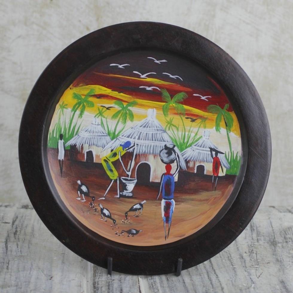 Hand Painted Decorative Plate with Village Scene 'African Village Scene'