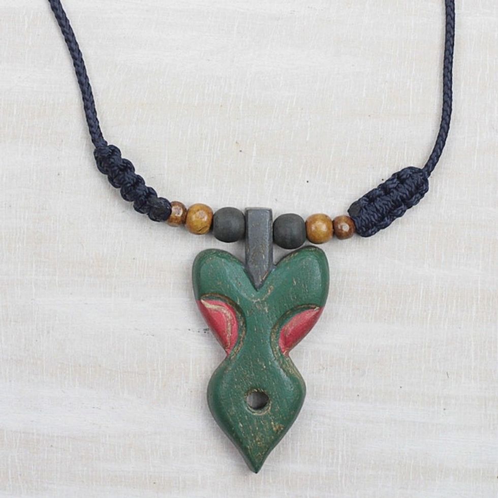 Green and Red Wood Pendant Necklace on Adjustable Cord 'Akuma Mu Nsem'