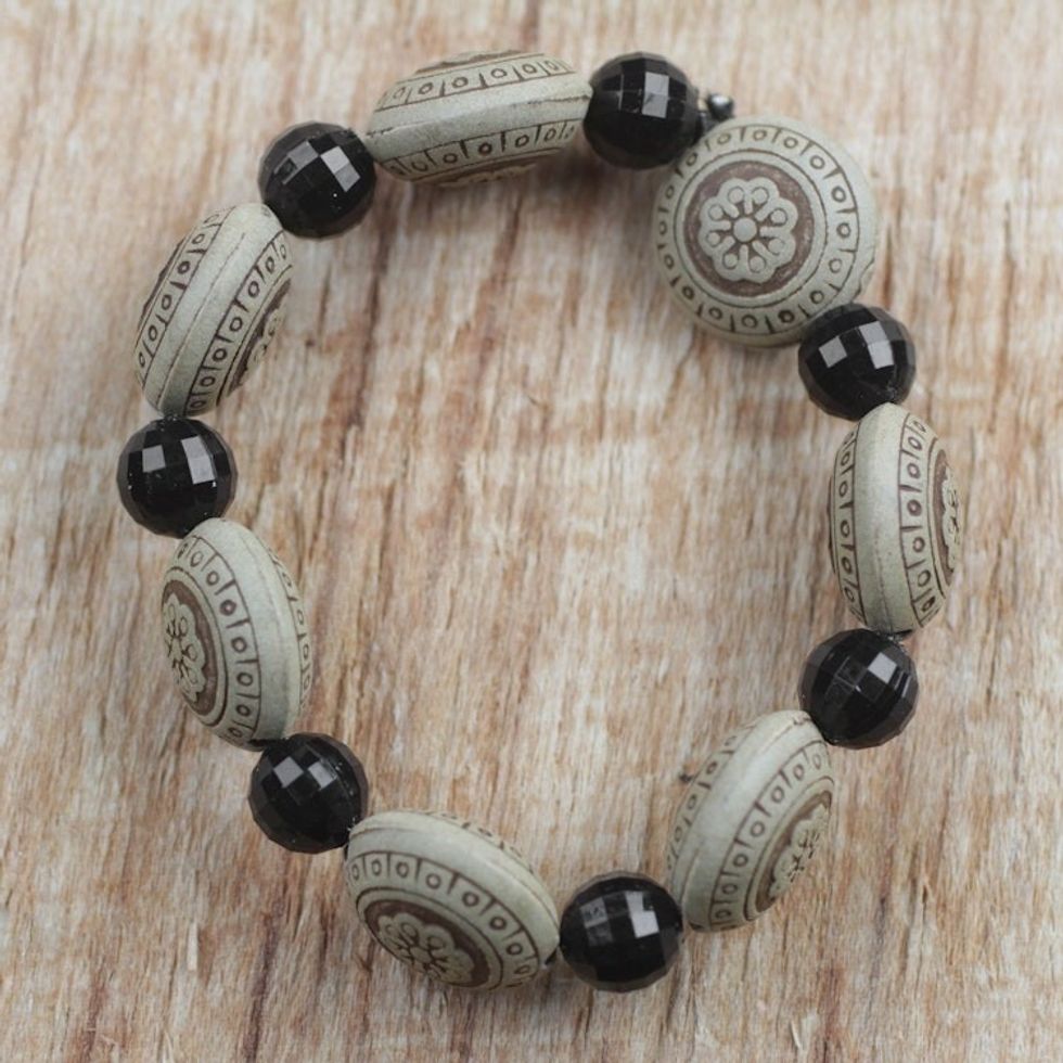 Floral Sese Wood and Plastic Beaded Stretch Bracelet 'Favorite Flowers'