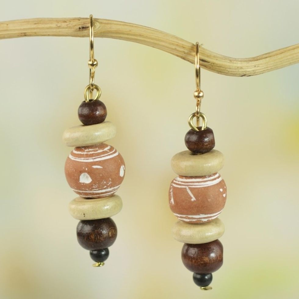 Sese Wood and Ceramic Dangle Earrings from Ghana 'Sweet Beads'