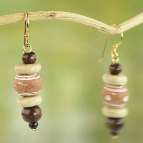 Alternate image for Sese Wood and Ceramic Dangle Earrings from Ghana Sweet Beads