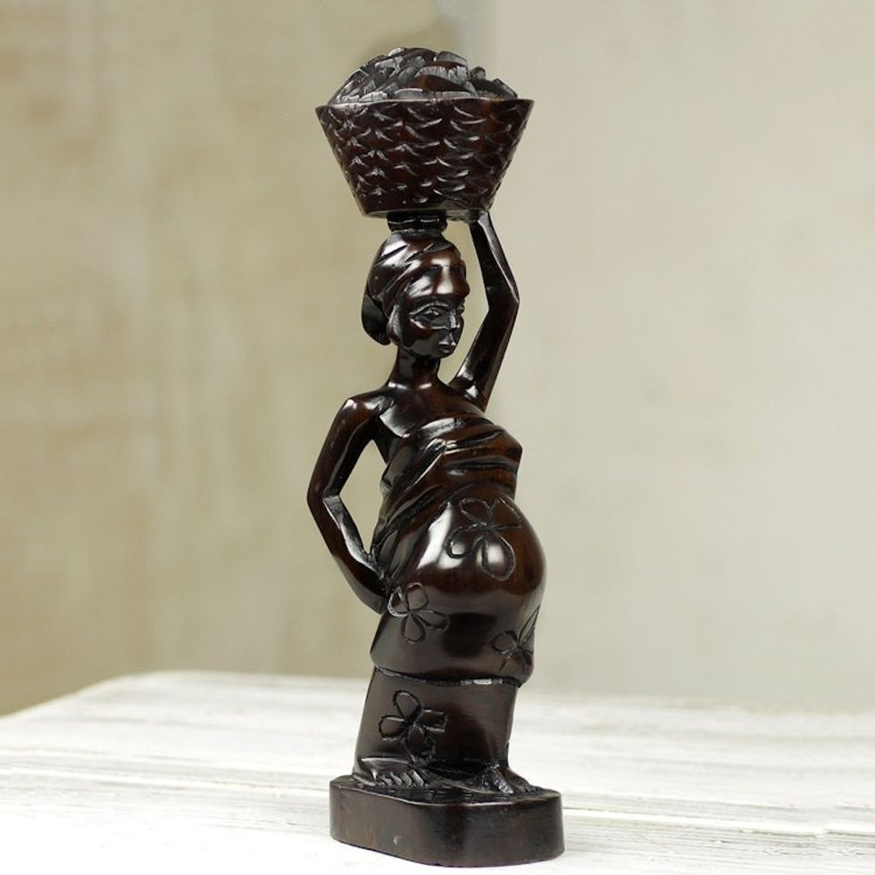 Ebony Wood Sculpture of Akan Woman with Fruit Basket 'Ahokeka'
