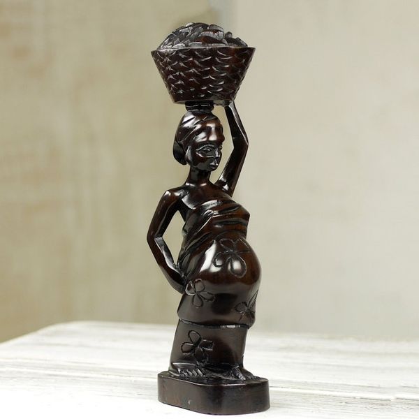 Alternate image for Ebony Wood Sculpture of Akan Woman with Fruit Basket Ahokeka