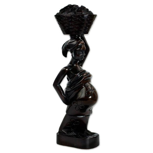Alternate image for Ebony Wood Sculpture of Akan Woman with Fruit Basket Ahokeka