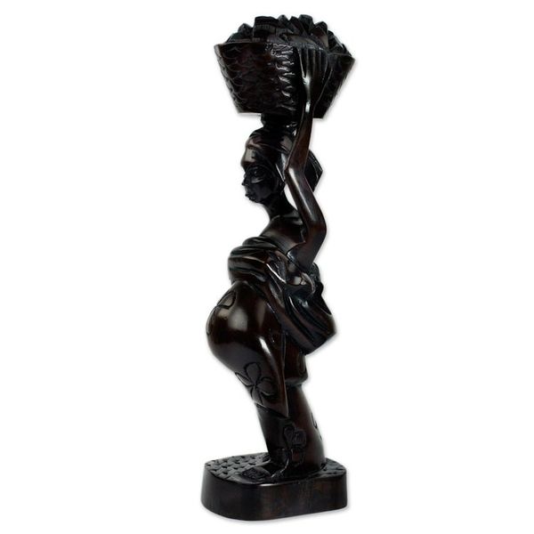 Alternate image for Ebony Wood Sculpture of Akan Woman with Fruit Basket Ahokeka