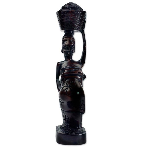 Alternate image for Ebony Wood Sculpture of Akan Woman with Fruit Basket Ahokeka