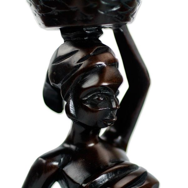 Alternate image for Ebony Wood Sculpture of Akan Woman with Fruit Basket Ahokeka