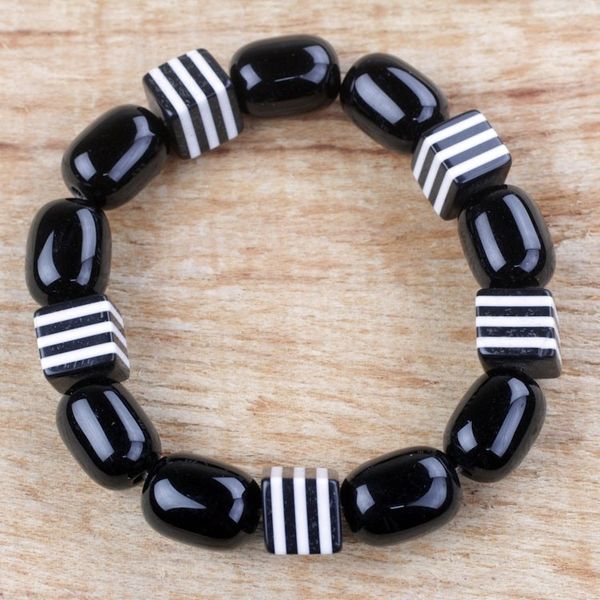 Alternate image for Black and White Recycled Beaded Glass Stretch Bracelet Maame