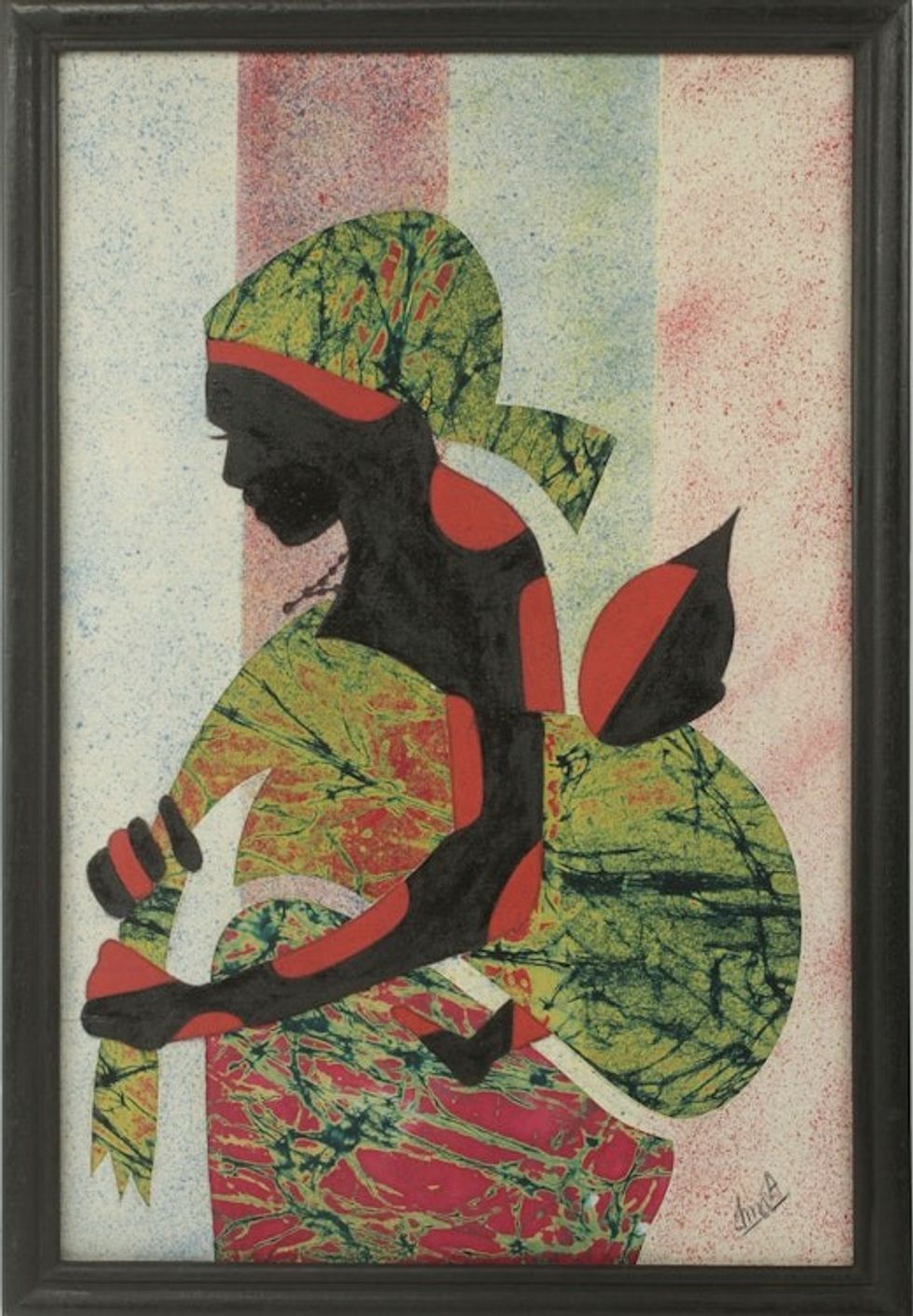 Artisan Crafted Framed African Folk Art Motherhood Painting 'Good Akan Mother'