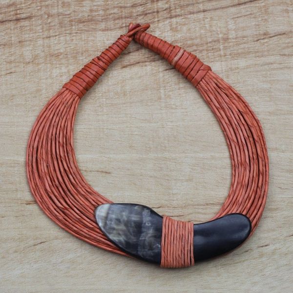 Alternate image for Boomerang Horn Pendant Orange Leather Cord Necklace Tuumsongo