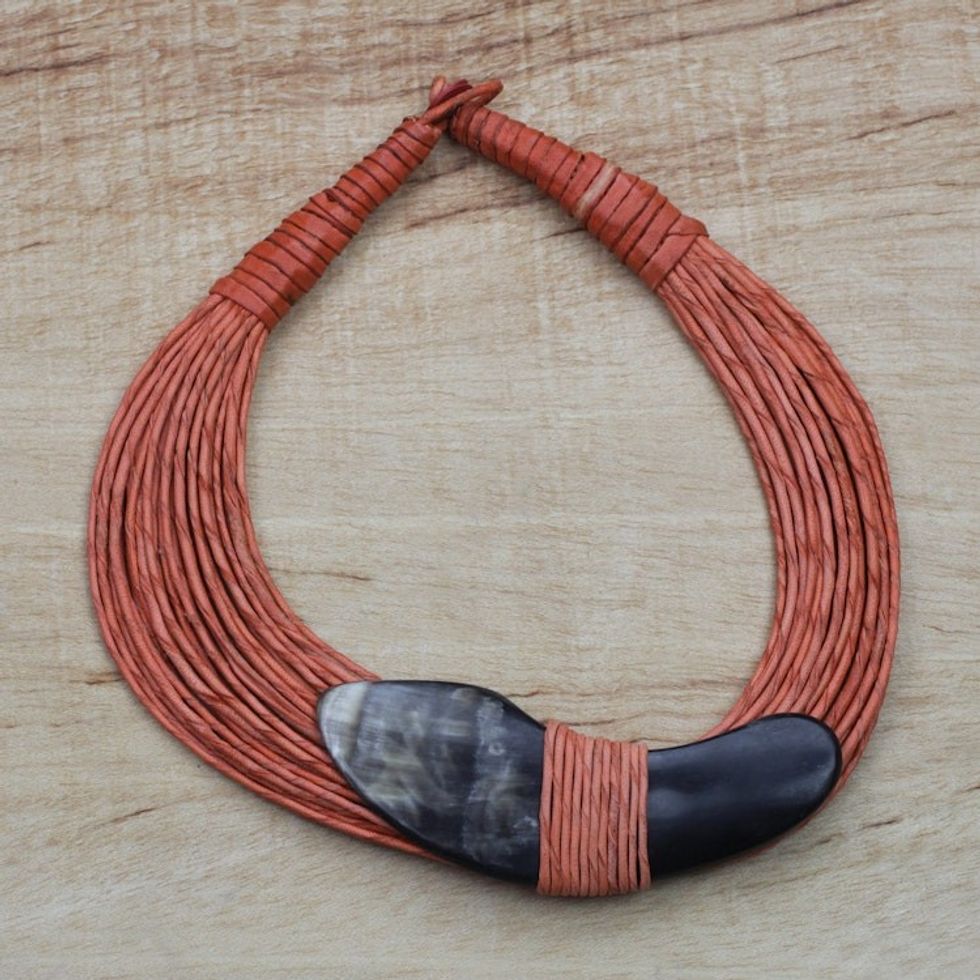 Boomerang Horn Pendant Orange Leather Cord Necklace 'Tuumsongo'