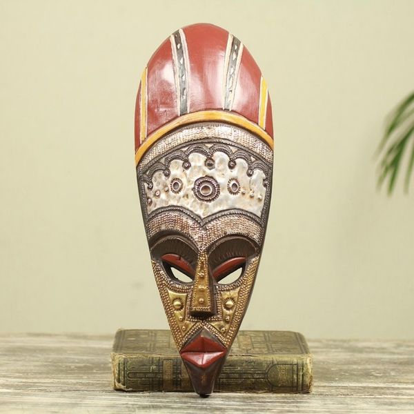 Alternate image for African King Wall Mask Crafted with Wood Aluminum and Brass Powerful Ohene