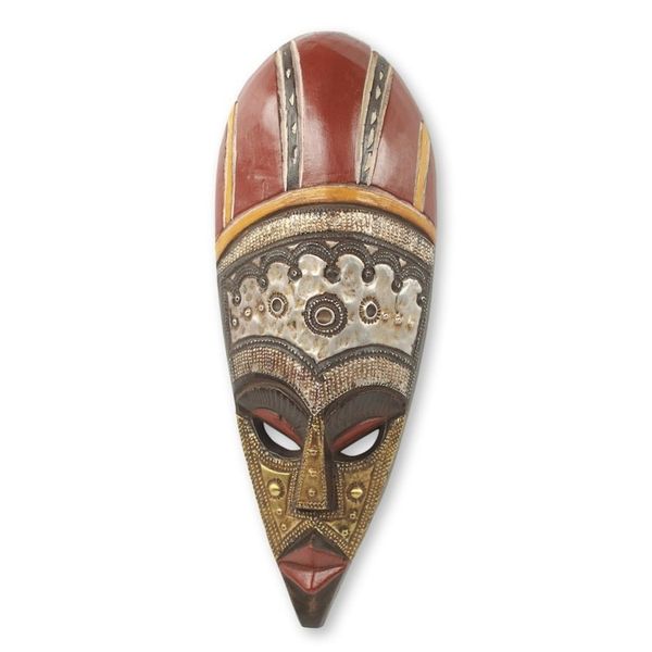 Alternate image for African King Wall Mask Crafted with Wood Aluminum and Brass Powerful Ohene
