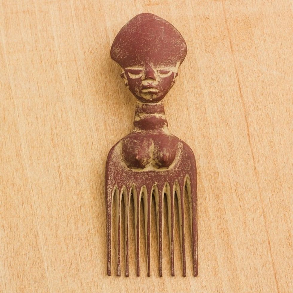 Wood Comb-Shaped Wall Art in Red from Ghana 'Red Osele'