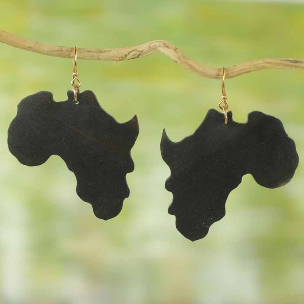 Ebony Wood Africa-Shaped Dangle Earrings from Ghana 'Being African'