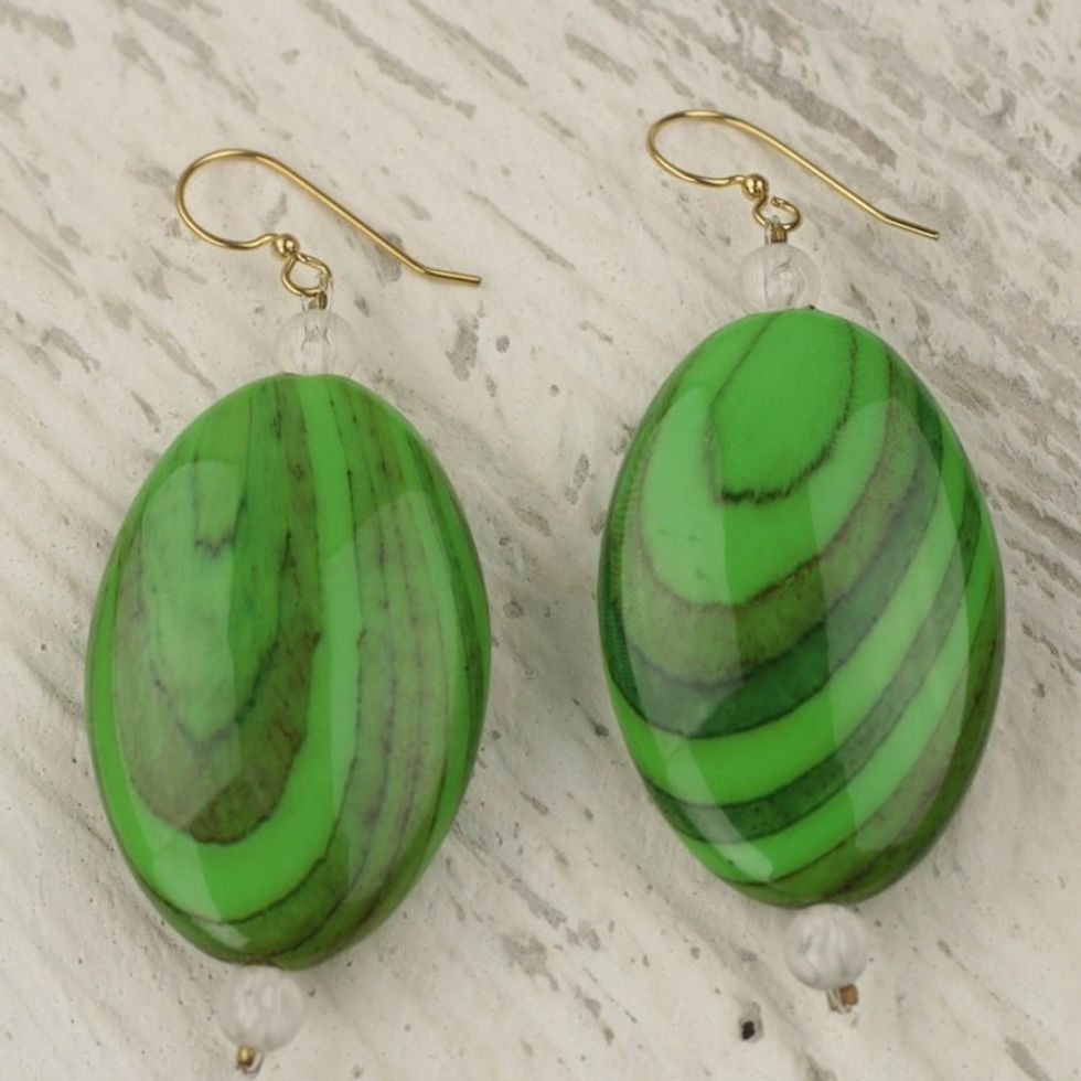 Hand Crafted Upcycled Plastic Dangle Earrings in Green 'Rustic Love in Green'