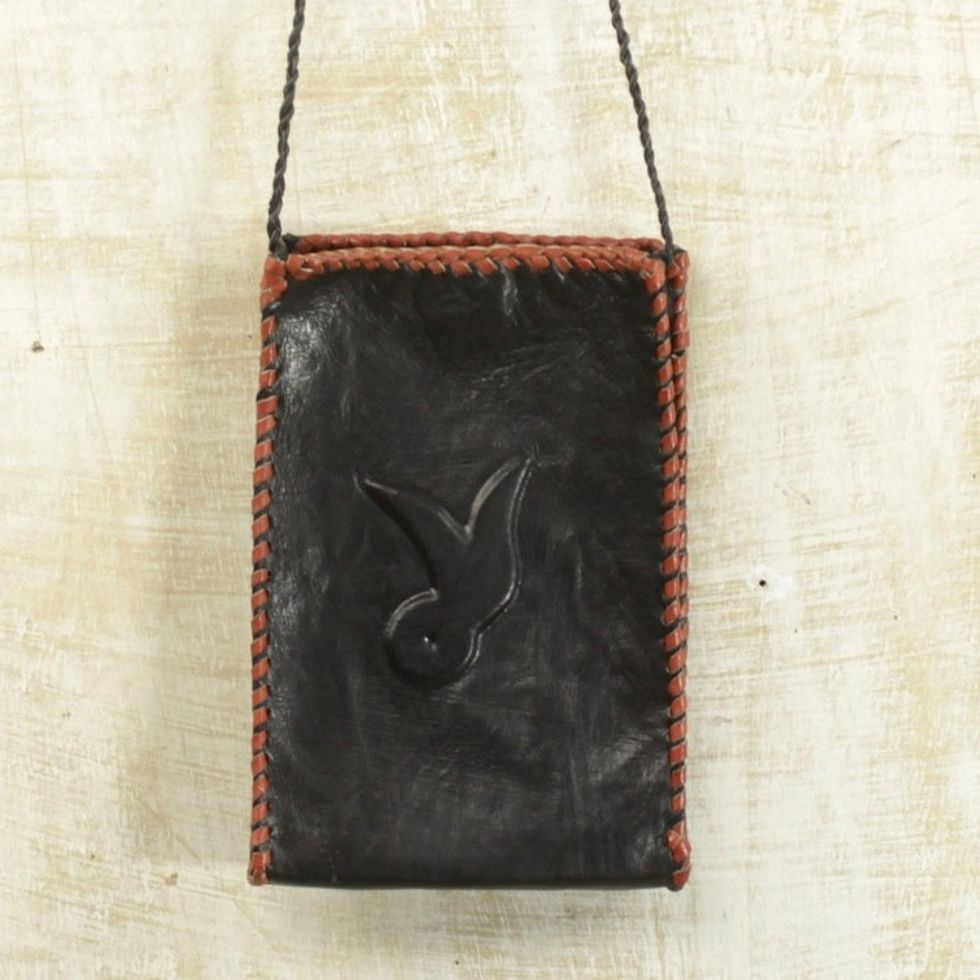 Handcrafted Leather Cell Phone Shoulder Bag in Black 'African Rabbit'