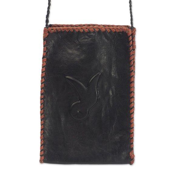 Alternate image for Handcrafted Leather Cell Phone Shoulder Bag in Black African Rabbit