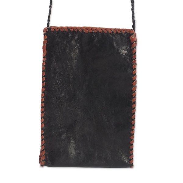 Alternate image for Handcrafted Leather Cell Phone Shoulder Bag in Black African Rabbit