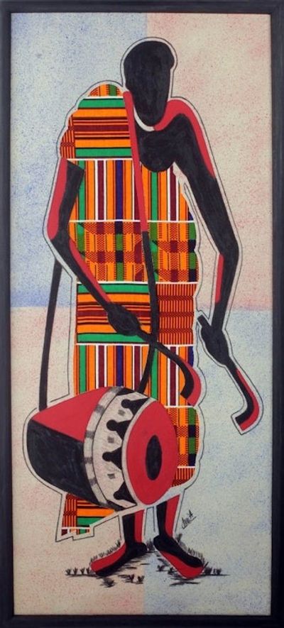 Alternate image for Drum Theme Mixed Media West African Folk Art Composition Talking Drum