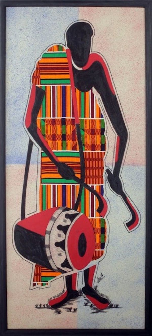 Image for Drum Theme Mixed Media West African Folk Art Composition Talking Drum
