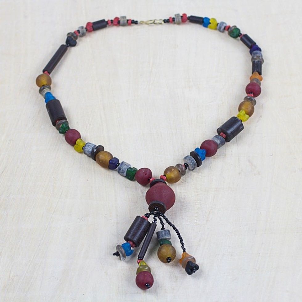 Recycled Glass Beaded Pendant Necklace from Ghana 'Recycled Medley'