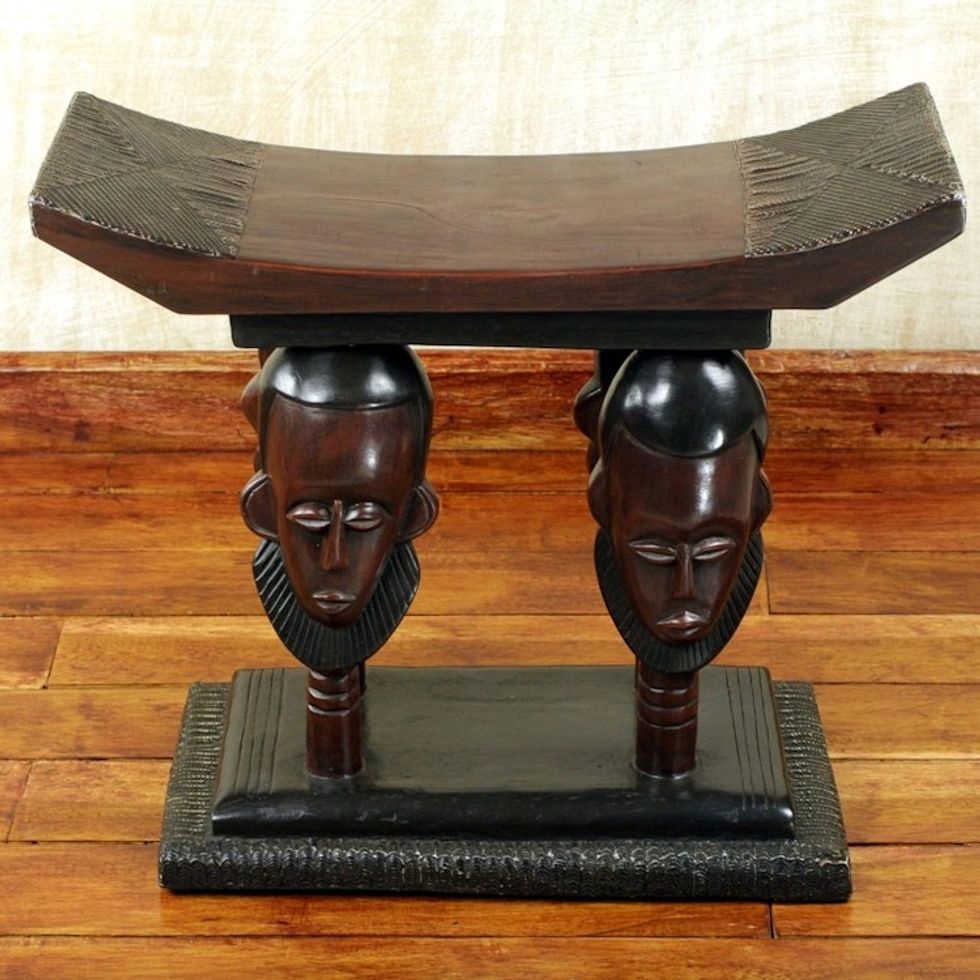 Handmade Ghanaian Cedar Wood Throne Stool With Faces 'United Household'