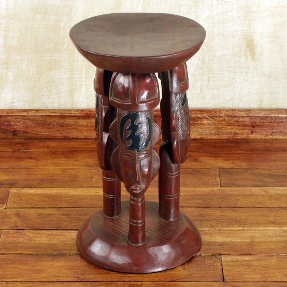 Cedar Wood Round Brown Stool with Adinkra Symbols 'United Family in Brown'