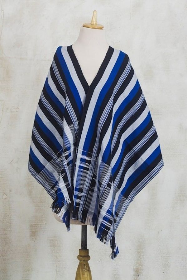 Alternate image for Blue Black and White Hand Woven 100 Cotton Kente Shawl Textured Delft Blue
