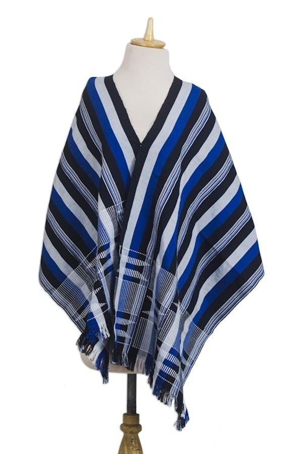 Alternate image for Blue Black and White Hand Woven 100 Cotton Kente Shawl Textured Delft Blue